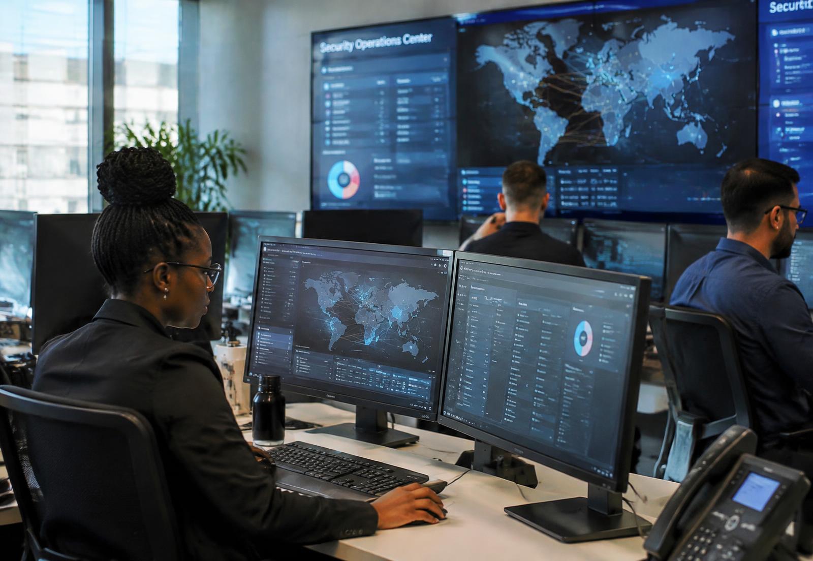 Security analysts reviewing threat dashboards in a security operations center